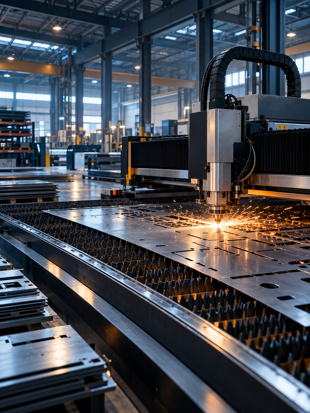 Precision laser cutting in a modern industrial workshop